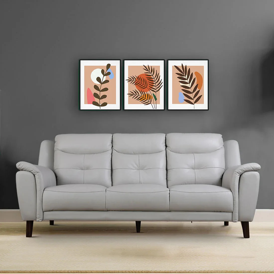 Alexa Half Leather Three Seater Sofa in Light Grey Colour – HomeTown