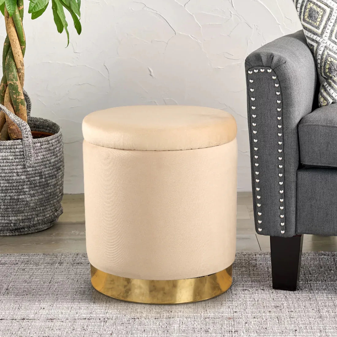 Barrel Fabric Ottomans in Beige Colour - Main Image
