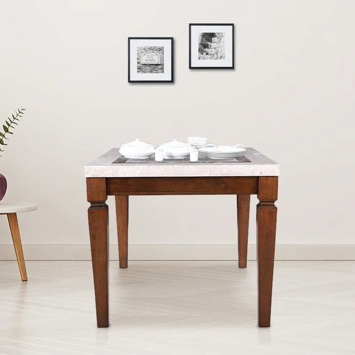Bliss Marble Top Seater Dining Table with Inlay in Beige Colour