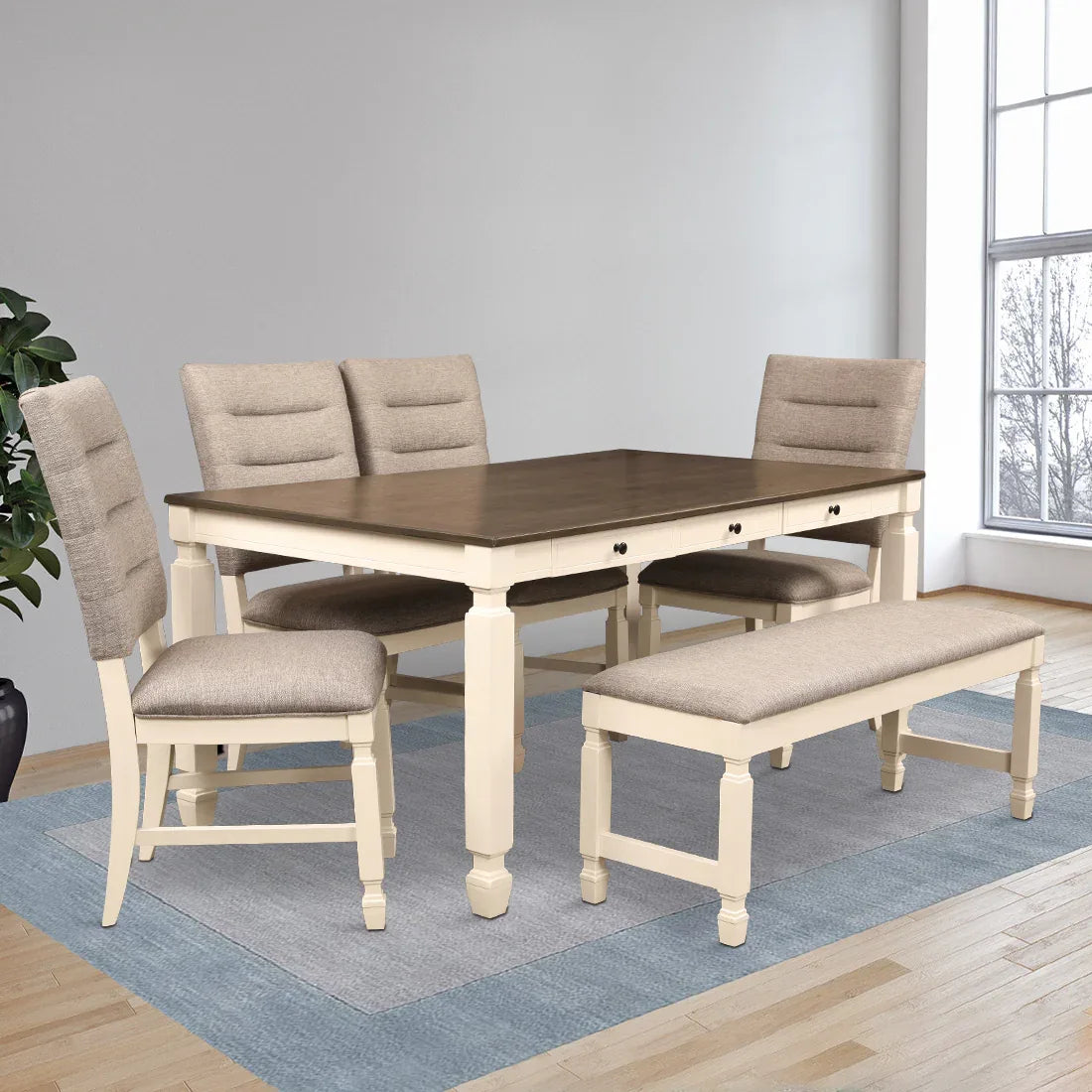 Wisp Rubber Wood Six Seater Dining Set With Bench in Antique White Col