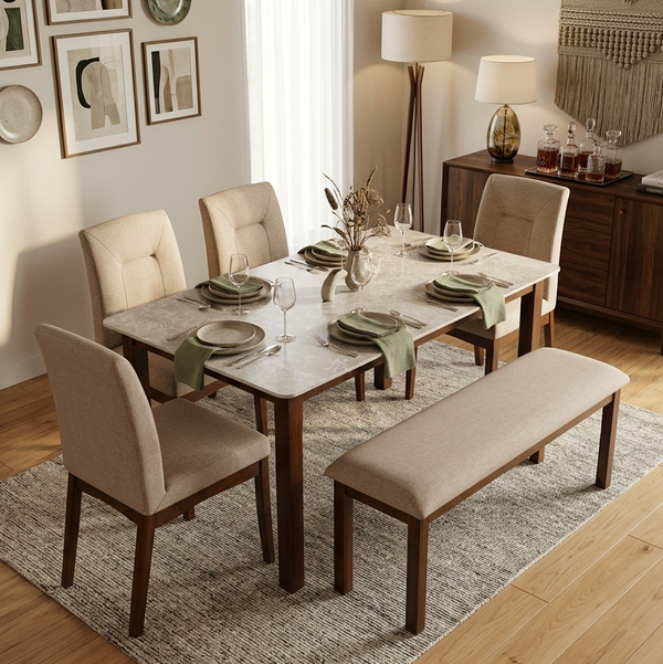 Stonita Marble Top 6 Seater Dining Set with Bench