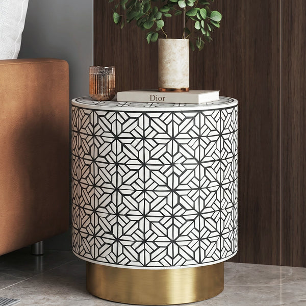 Ossein Marble Side Table in White and Gold Colour