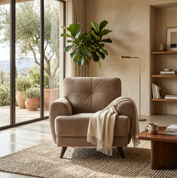 Riga Lyra 1 Seater Sofa in Brown Velvet Upholstery Fabric