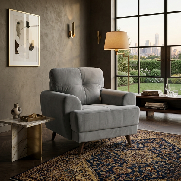 Riga Lyra Single Seater Sofa in Dark Grey Velvet Upholstery Fabric