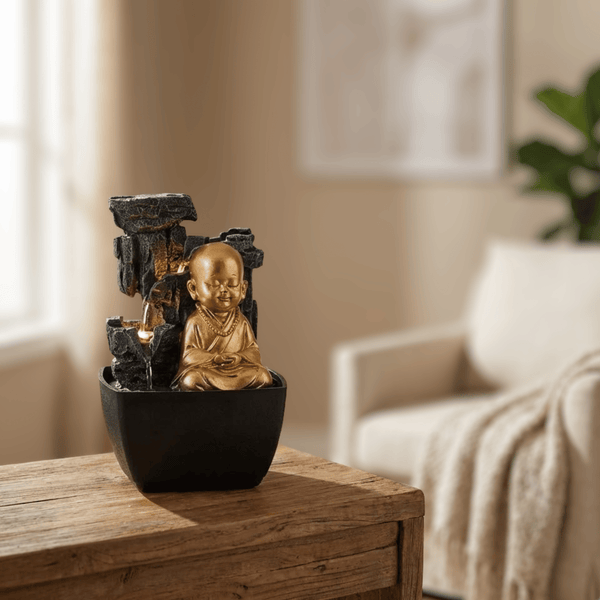 Impression Polyresin Monk Fountain in Black Gold Colour