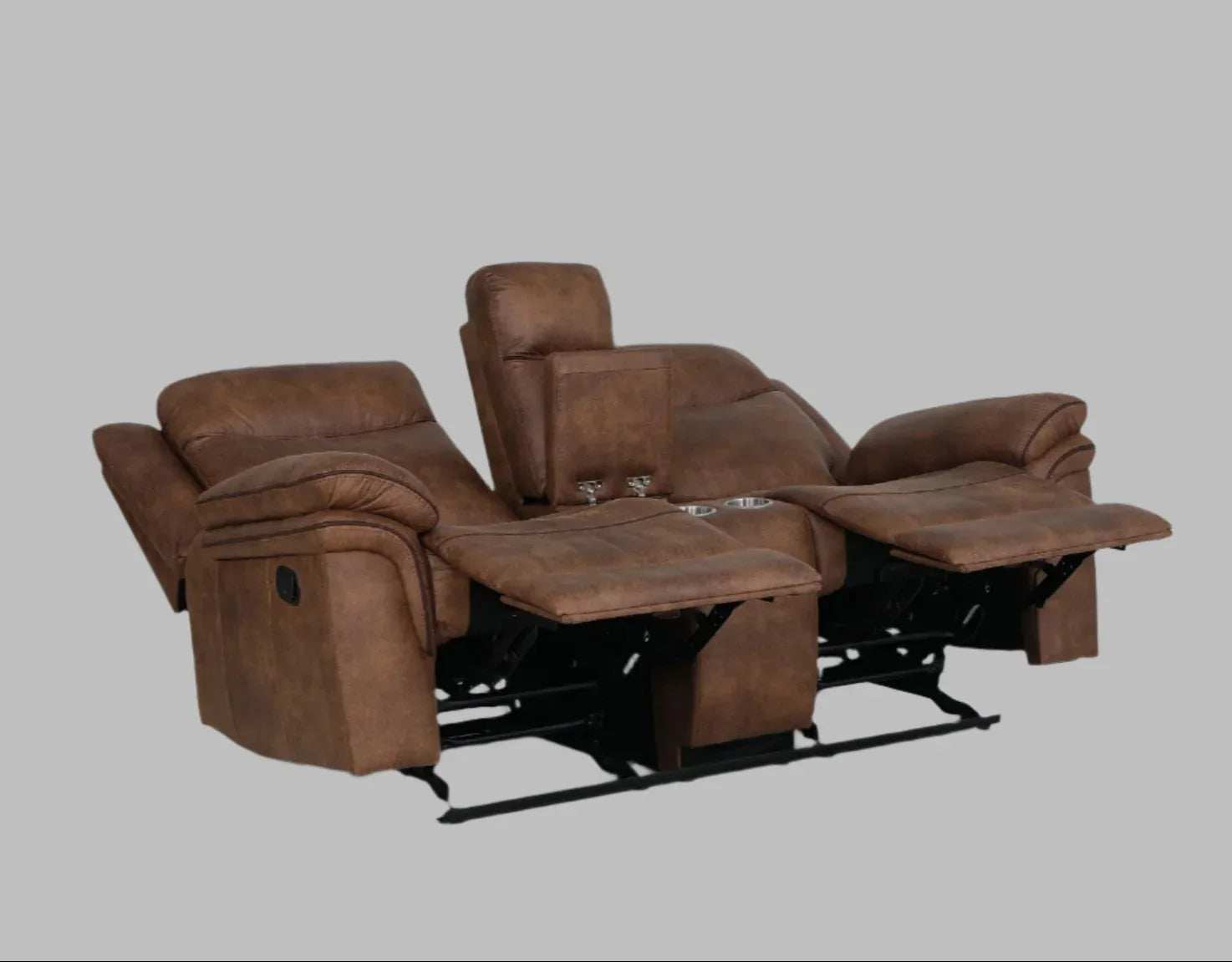 Liora 2 Seater Fabric Rocker + Recliner With Console in Brown Colour - HomeTown