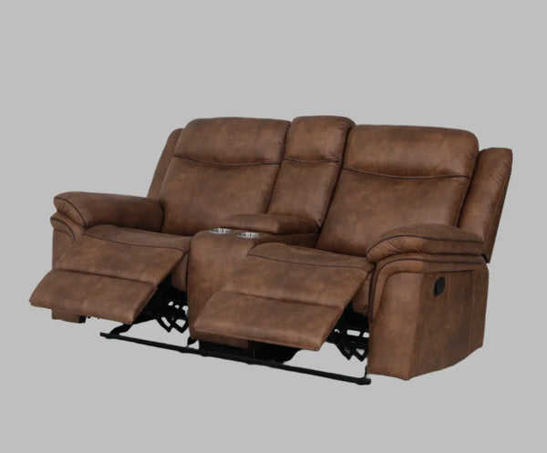 Liora 2 Seater Fabric Recliner Sofa with Console in Brown Colour dimensions