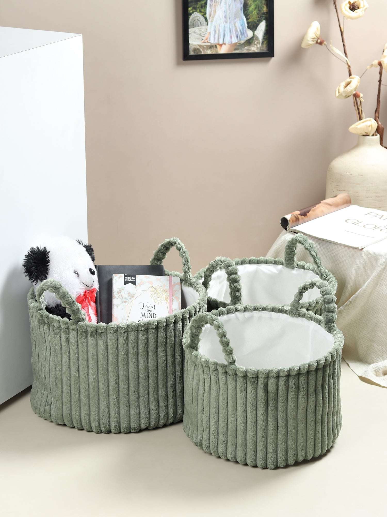 Cloud weave cloth basket Squashy Green Set of 3