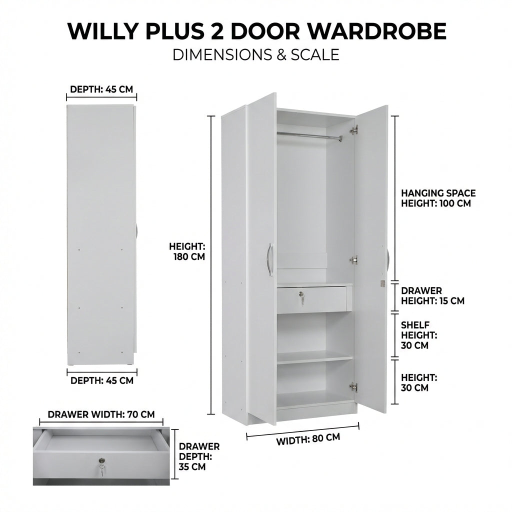 WILLY PLUS 2 DOOR WARDROBE WHITE