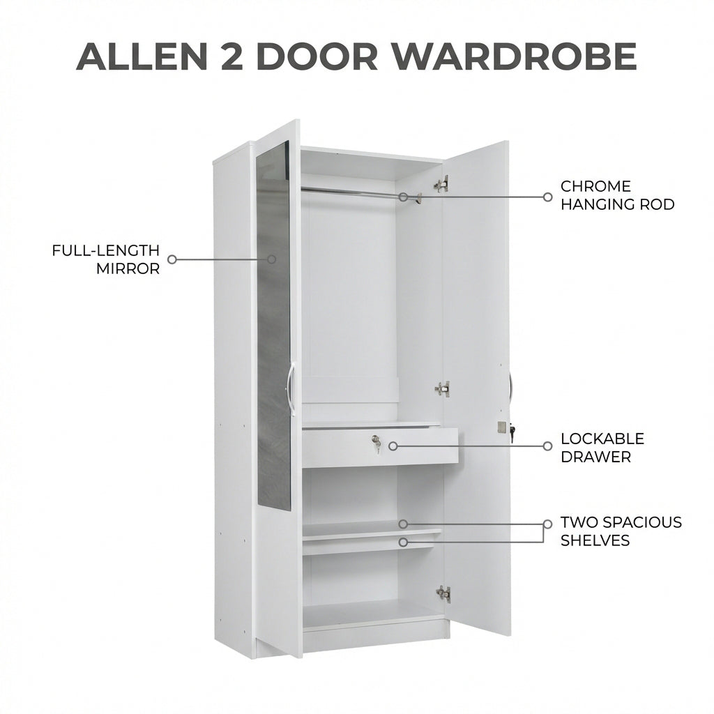ALLEN PLUS 2 DOOR WARDROBE WITH MIRROR WHITE