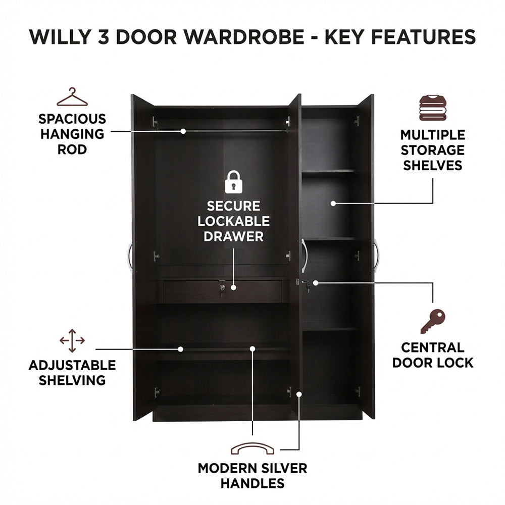 WILLY PLUS 3 DOOR WARDROBE WALNUT