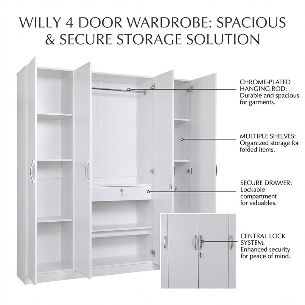 WILLY PLUS 4 DOOR WARDROBE WHITE