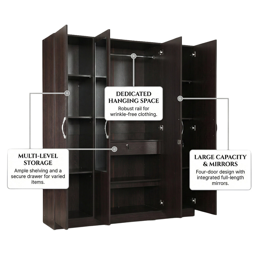 ALLEN PLUS 4 DOOR WARDROBE WITH MIRROR WALNUT