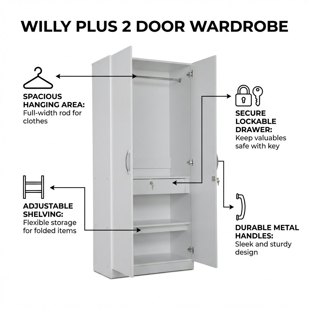 WILLY PLUS 2 DOOR WARDROBE WHITE