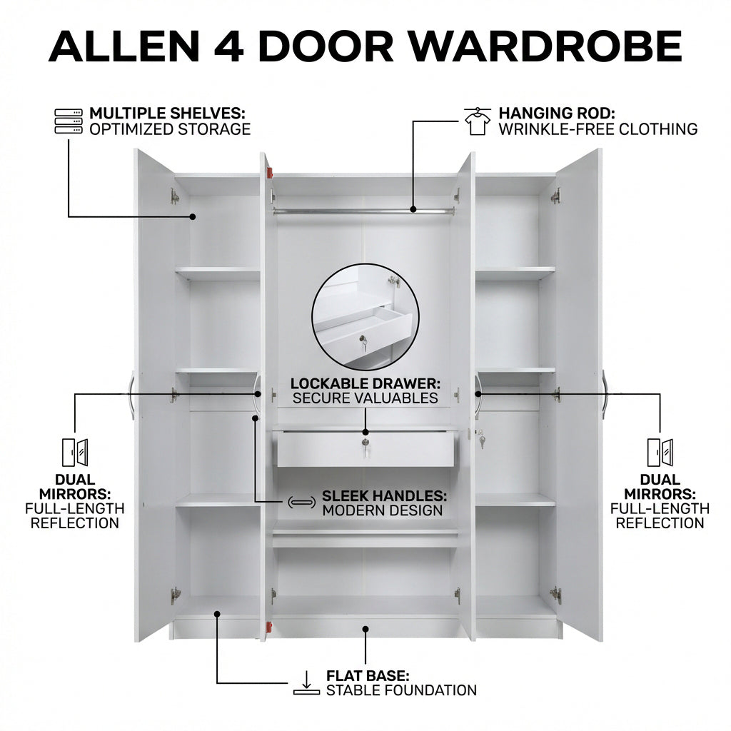 ALLEN PLUS 4 DOOR WARDROBE WITH MIRROR WHITE