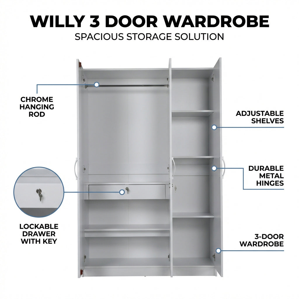 WILLY PLUS 3 DOOR WARDROBE WHITE