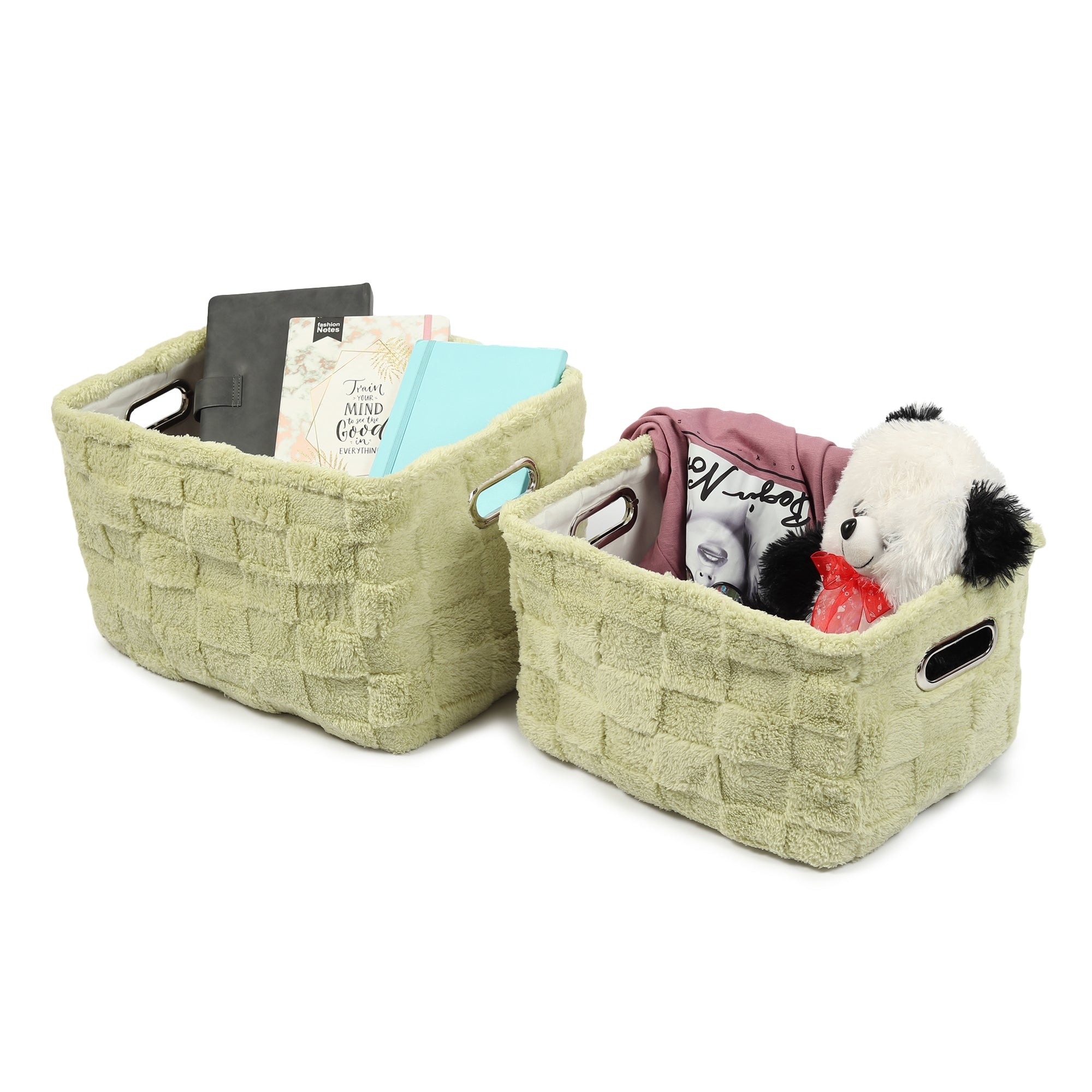 De Massion Soft Grid Plush Storage Basket Sage Green Set of 2