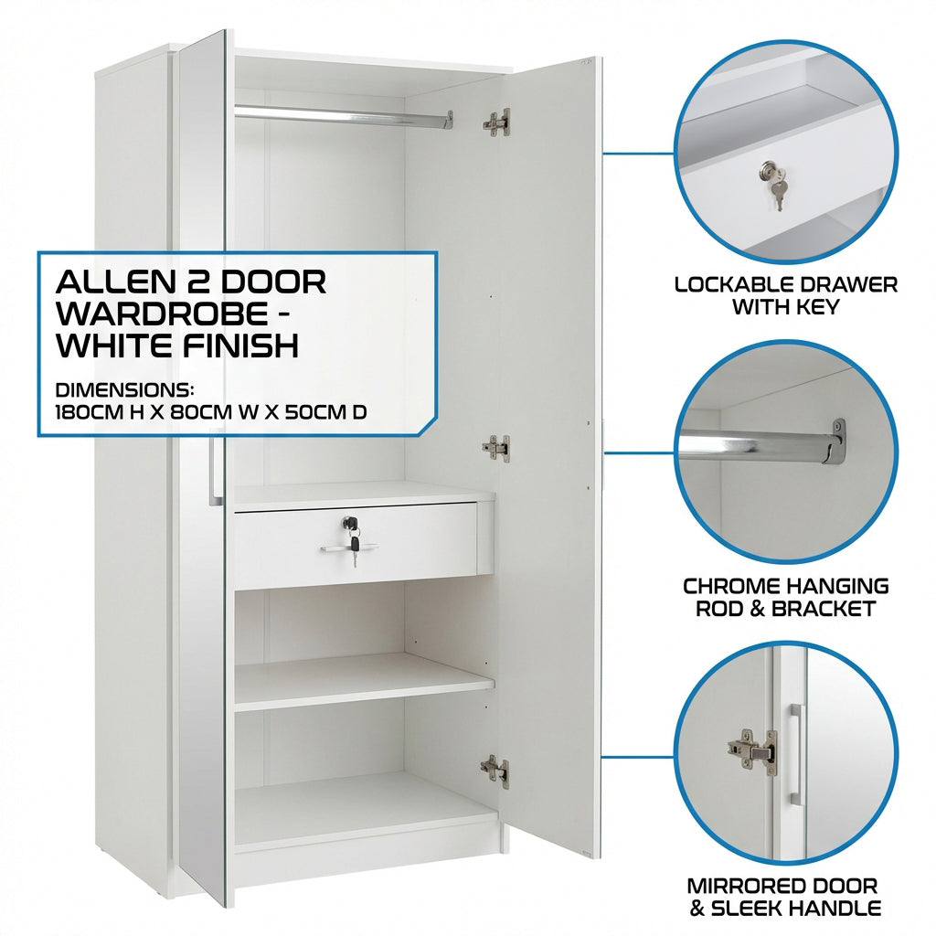 ALLEN PLUS 2 DOOR WARDROBE WITH MIRROR WHITE