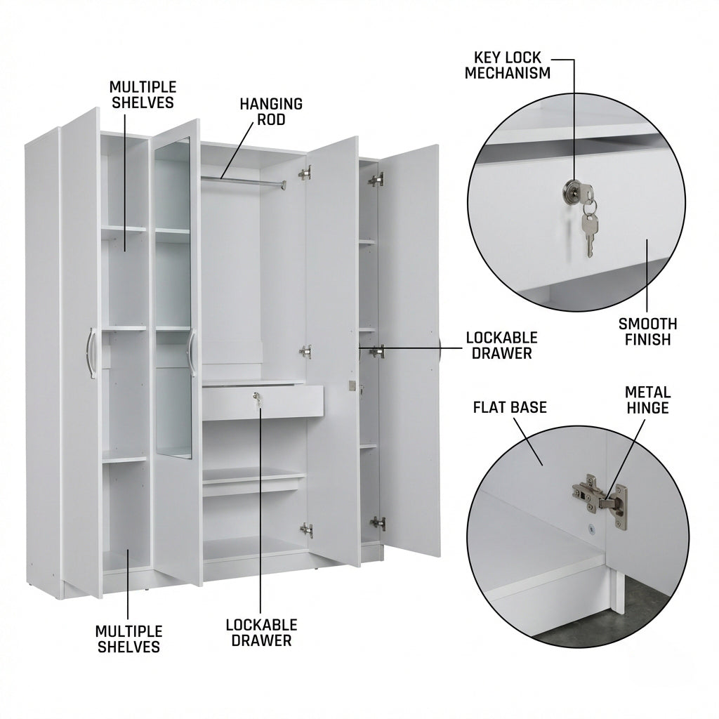 ALLEN PLUS 4 DOOR WARDROBE WITH MIRROR WHITE