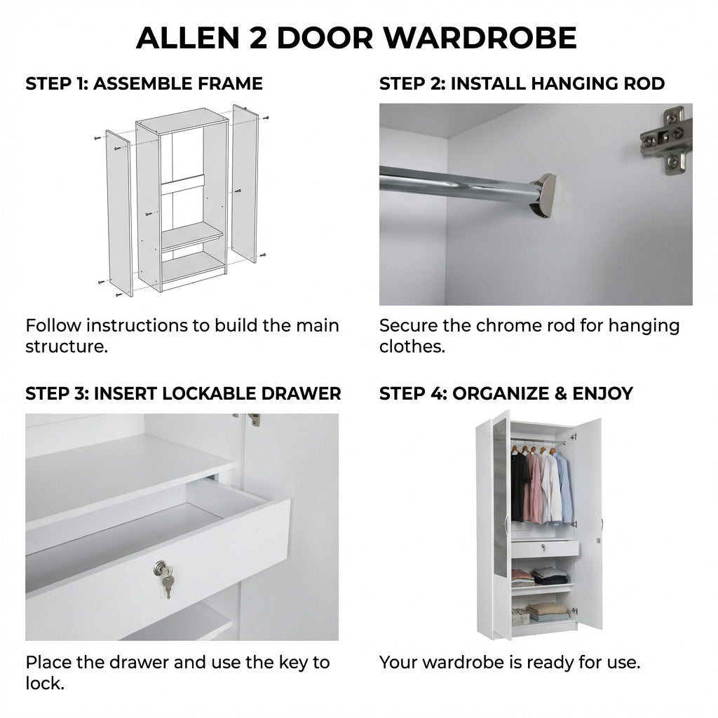 ALLEN PLUS 2 DOOR WARDROBE WITH MIRROR WHITE