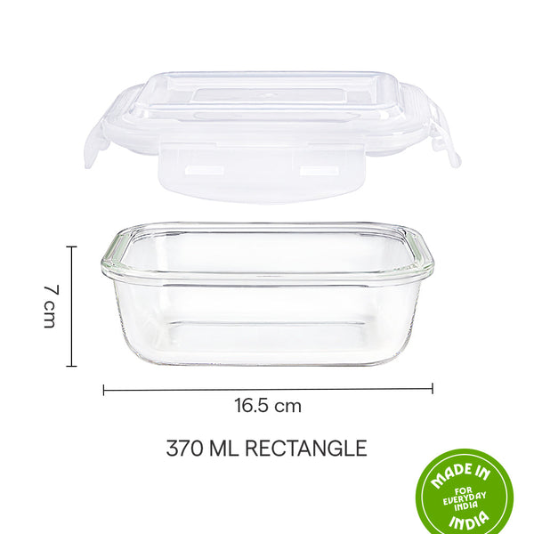 Borosil Rectangular Container with Lid 370ml dimensions