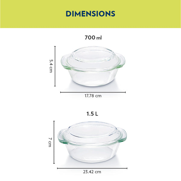 Borosil Round Casserole Set of 2pcs (700ml + 1500ml) dimensions