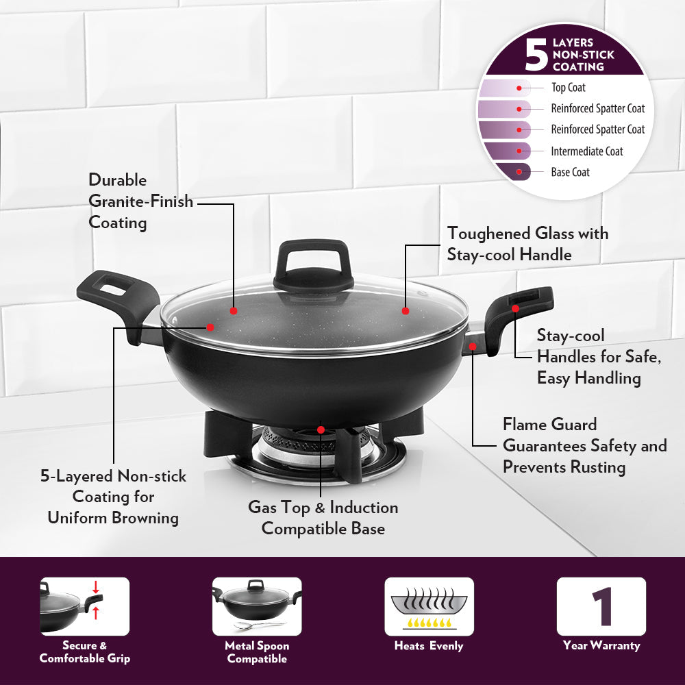 BOROSIL GRANITO NONSTICK INDUCTION BOTTOM KADAI W LID 26 CM