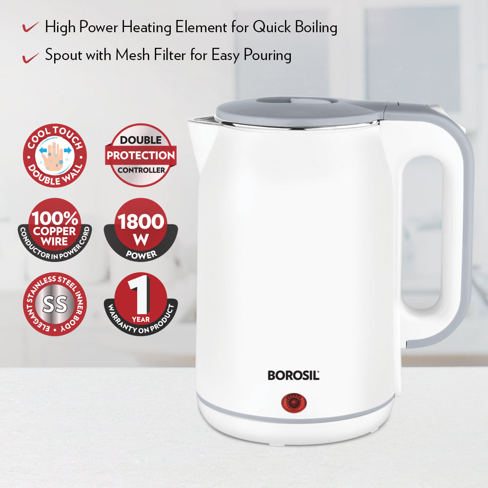 BOROSIL COOLTOUCH STAINLESS STEEL KETTLE   1.8 LITRE