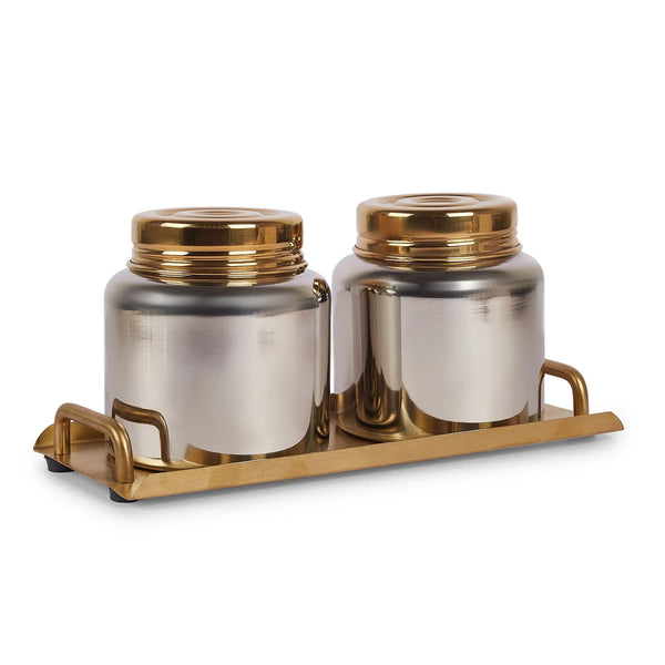 Sapphire Stainless Steel Serving Set Large in Gold & Silver Colour by Living Essence dimensions