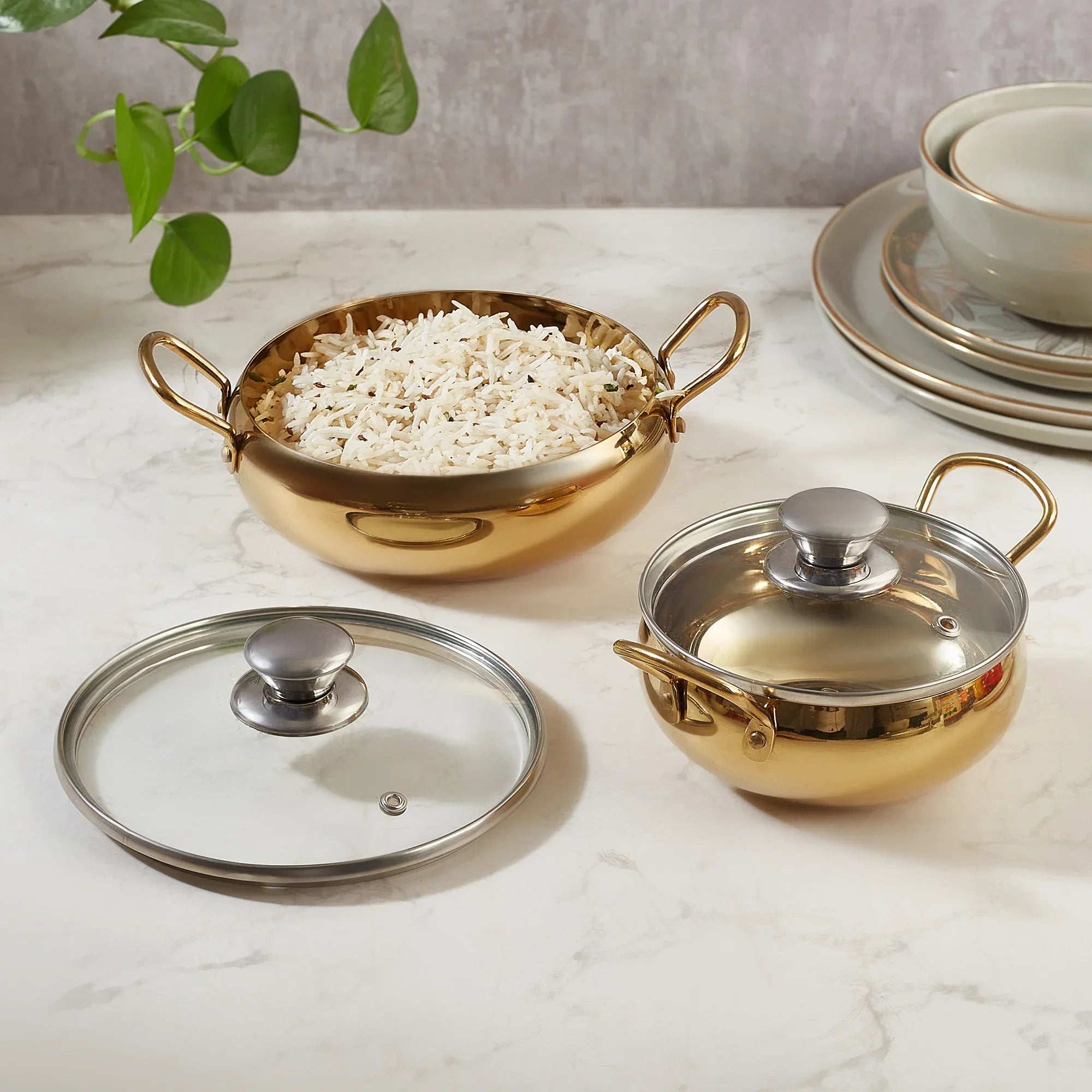 Sapphire Stainless Steel Serving Handi Set of 2 in Gold & Silver Colour by Living Essence - HomeTown