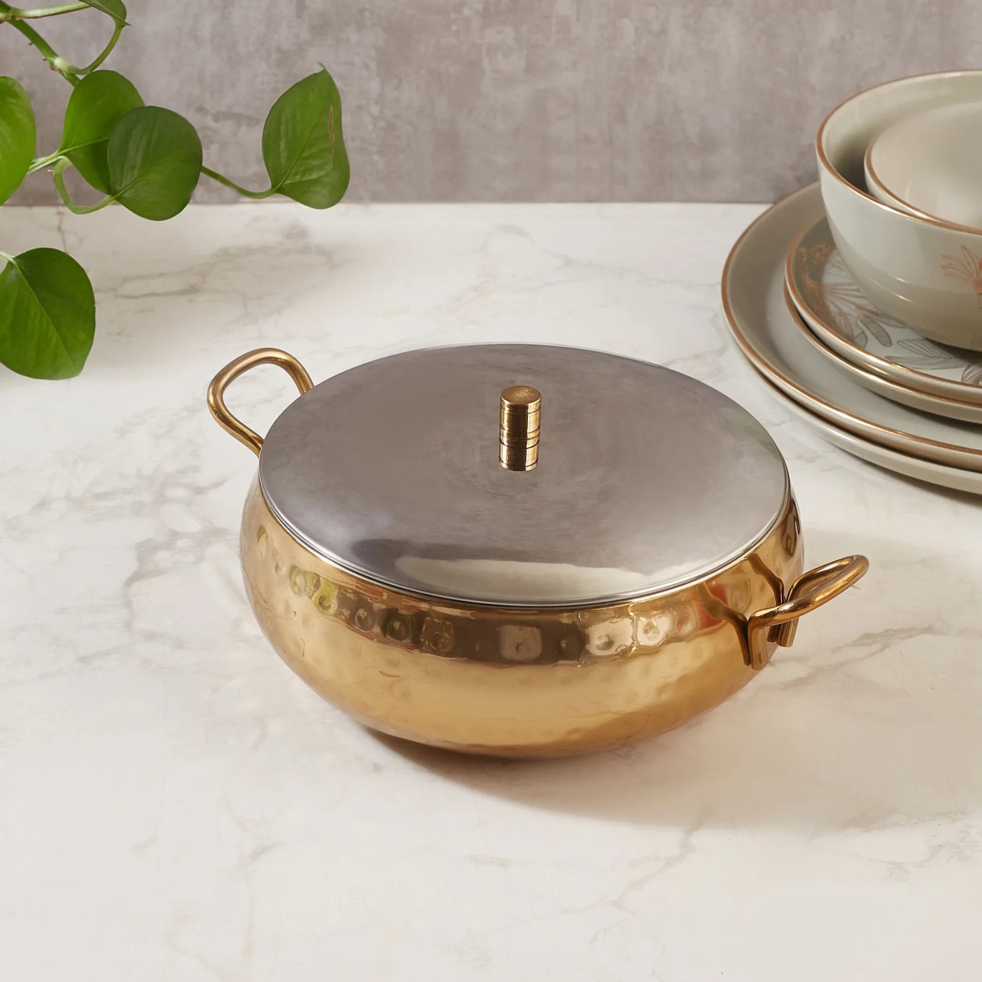 Sapphire Stainless Steel Hammered Serving Handi with Lid in Gold & Silver Colour by Living Essence - HomeTown