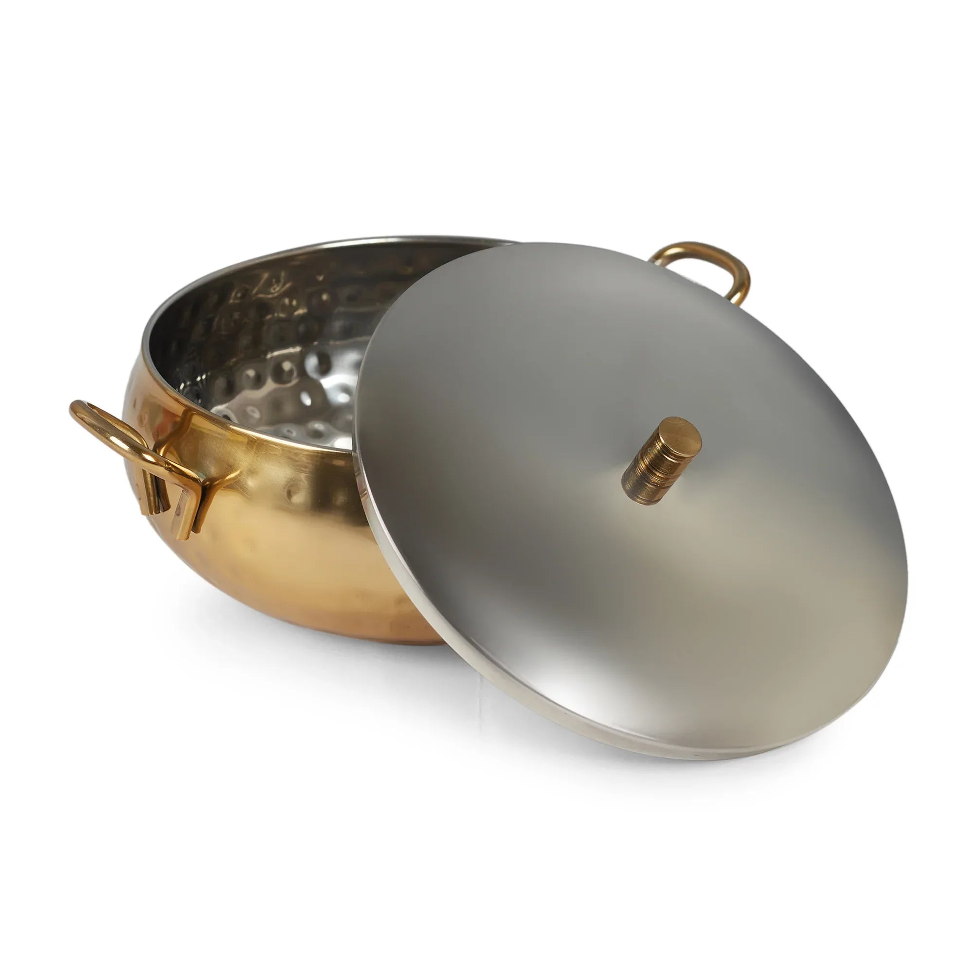 Sapphire Stainless Steel Hammered Serving Handi with Lid in Gold & Silver Colour by Living Essence - HomeTown