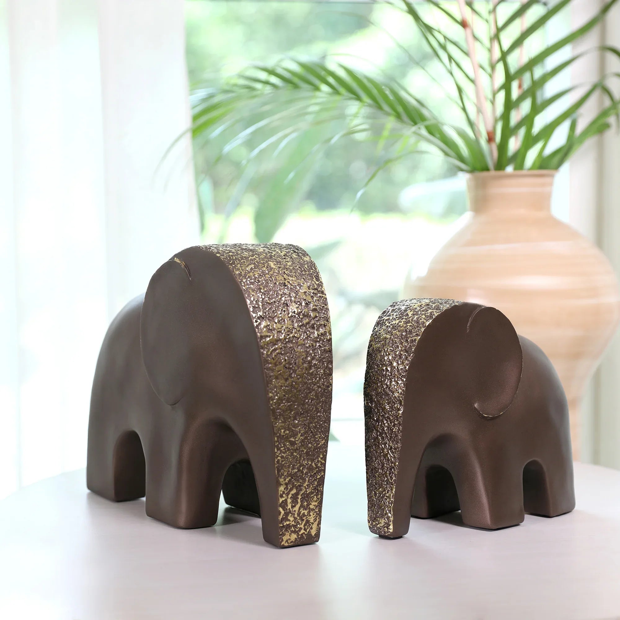 Miraya Contemporary Textured Elephant Polyresin Hand Finished Figurine Bronze 24cm by Living Essence - HomeTown