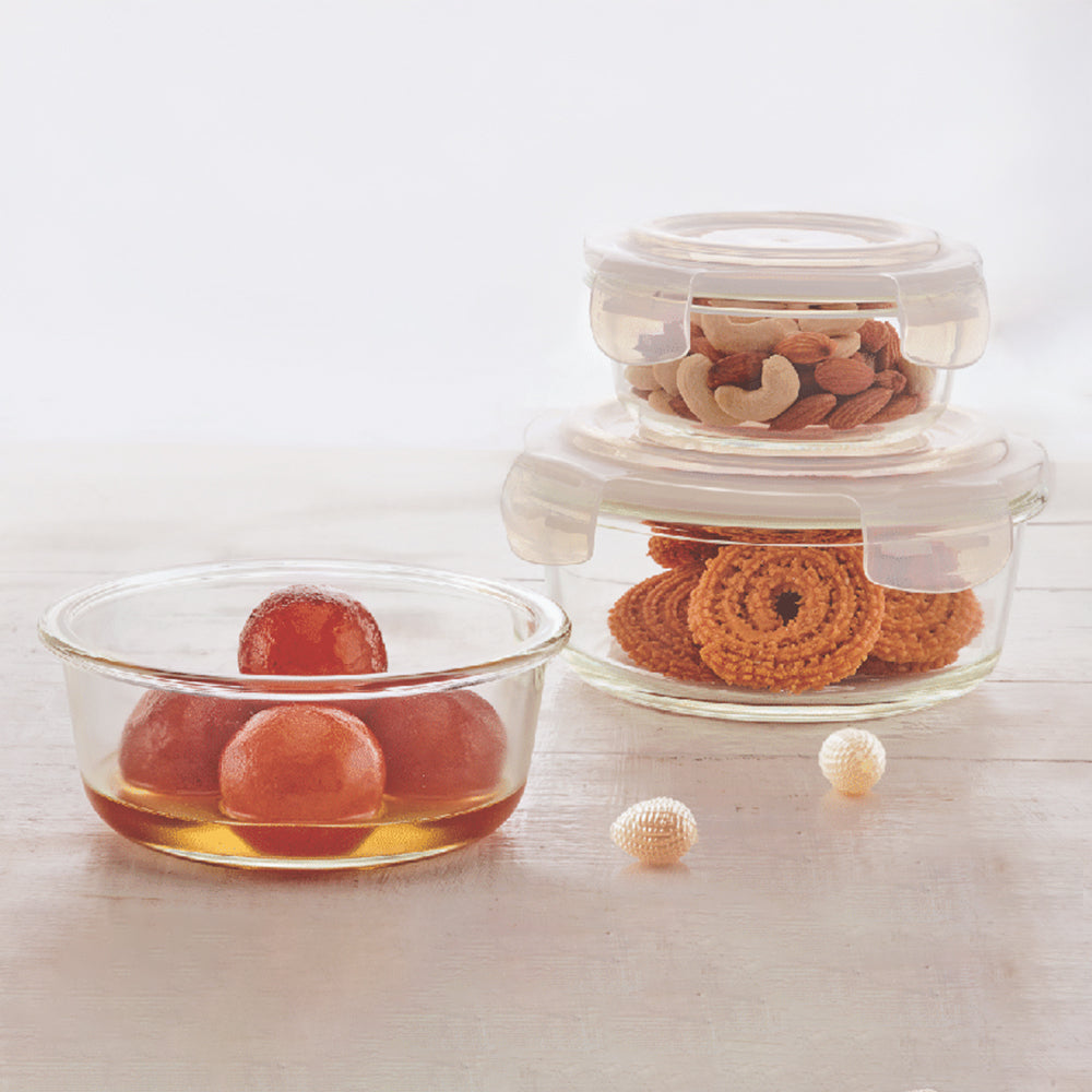 BOROSIL KLIP N STORE GLASS CONTAINER ROUND SET OF 3PCS (400ML+620ML+950ML)