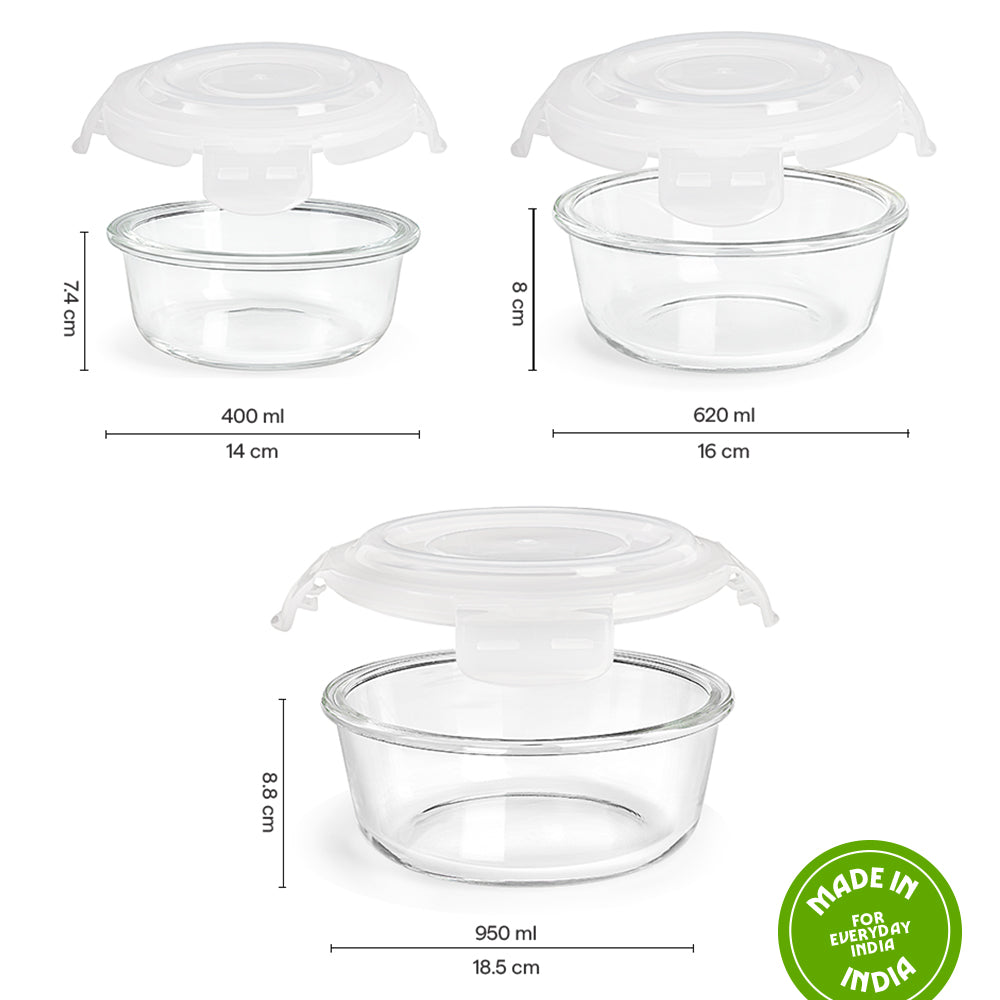 BOROSIL KLIP N STORE GLASS CONTAINER ROUND SET OF 3PCS (400ML+620ML+950ML)