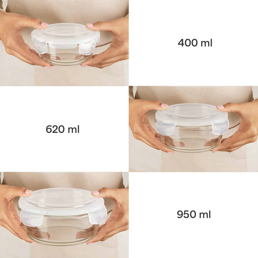 BOROSIL KLIP N STORE GLASS CONTAINER ROUND SET OF 3PCS (400ML+620ML+950ML)