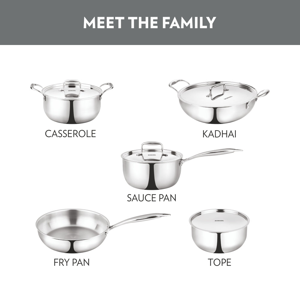 BOROSIL STAINLESS STEEL FRYPAN W/O LID 24CM 2.3LTR