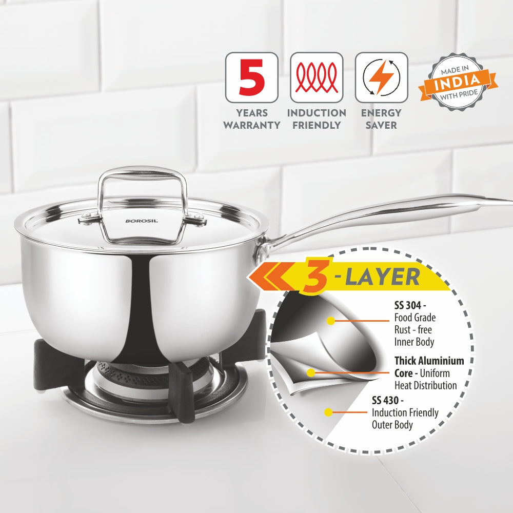 BOROSIL STAINLESS STEEL TRIPLY SAUCEPAN 20CM 3.1LTR