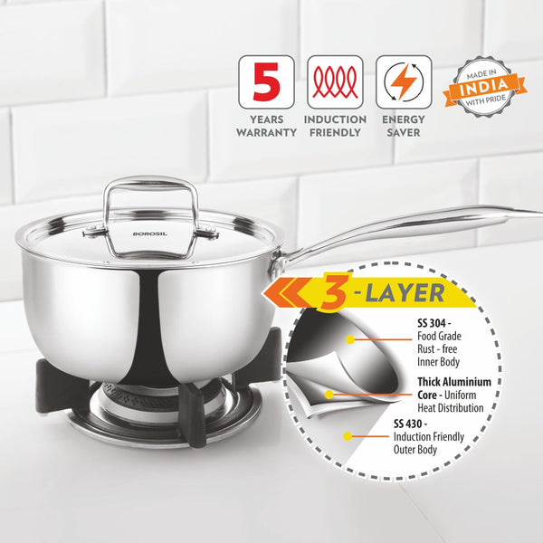 Borosil Stainless Steel Triply Saucepan 3.1ltr dimensions