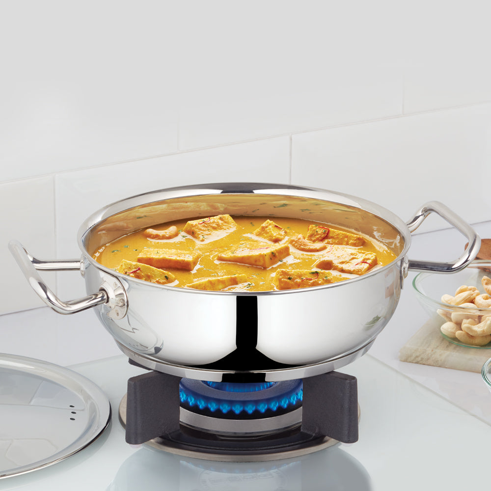 Borosil Stainless Steel Flat Kadhai with Lid 1.8litre