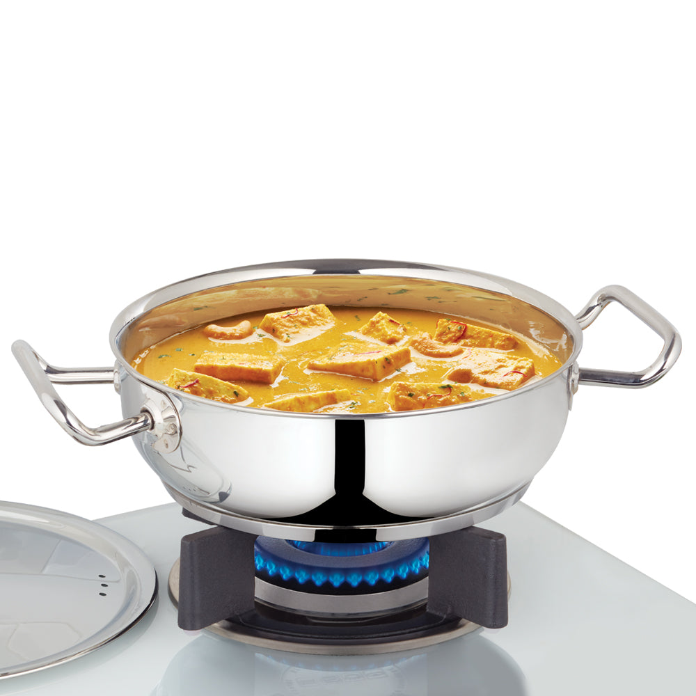 BOROSIL STAINLESS STEEL FLAT KADHAI WITH LID 20CM 1.8LITRE