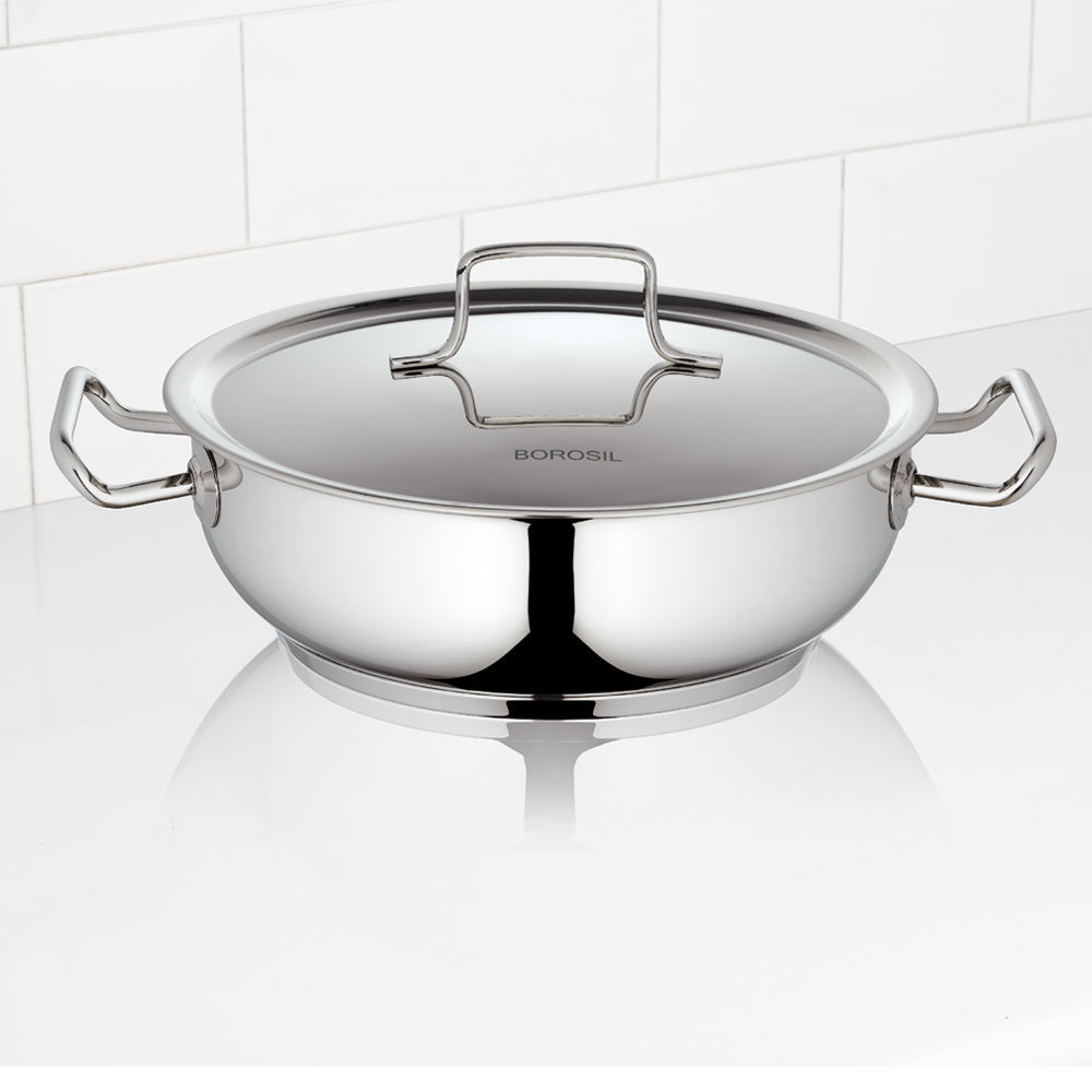 Borosil Stainless Steel Flat Kadhai with Lid 1.8litre