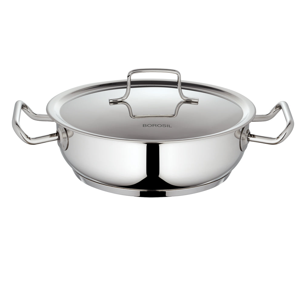Borosil Stainless Steel Flat Kadhai with Lid 1.8litre