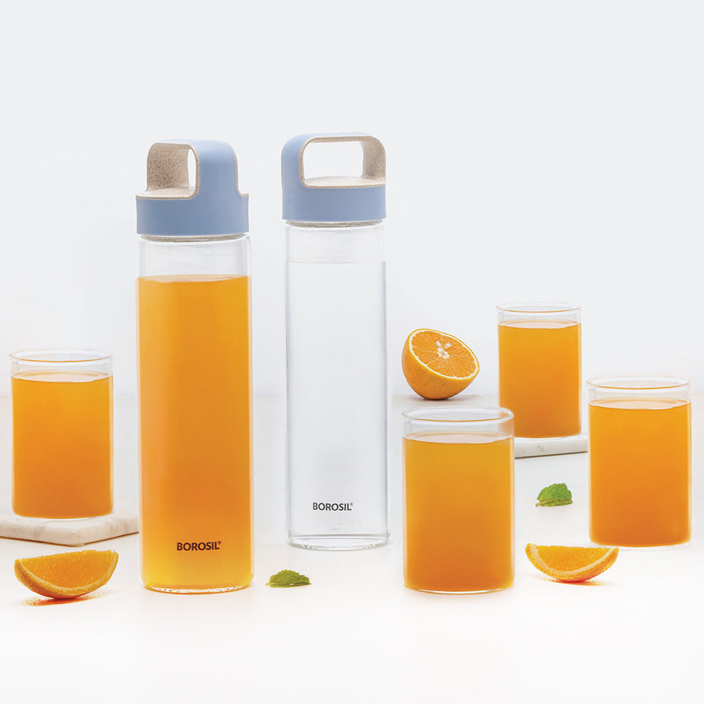 BOROSIL NEO GLASS BOTTLE 2PCS & MEDIUM GLASS 4PCS SET OF 6 PCS