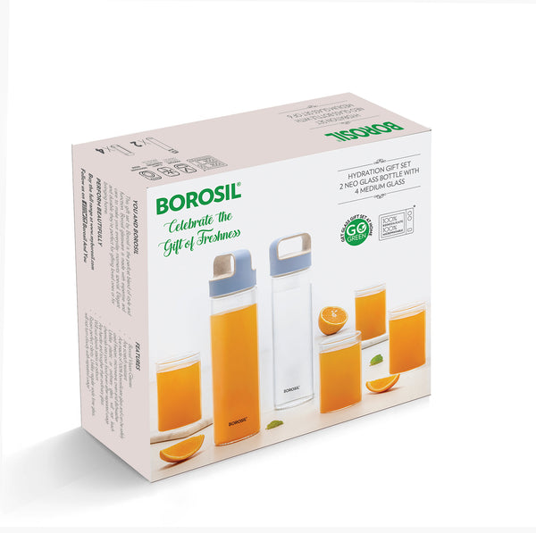 Borosil Neo Glass Bottle 2pcs & Medium Glass 4pcs | Set of 6 Pcs dimensions