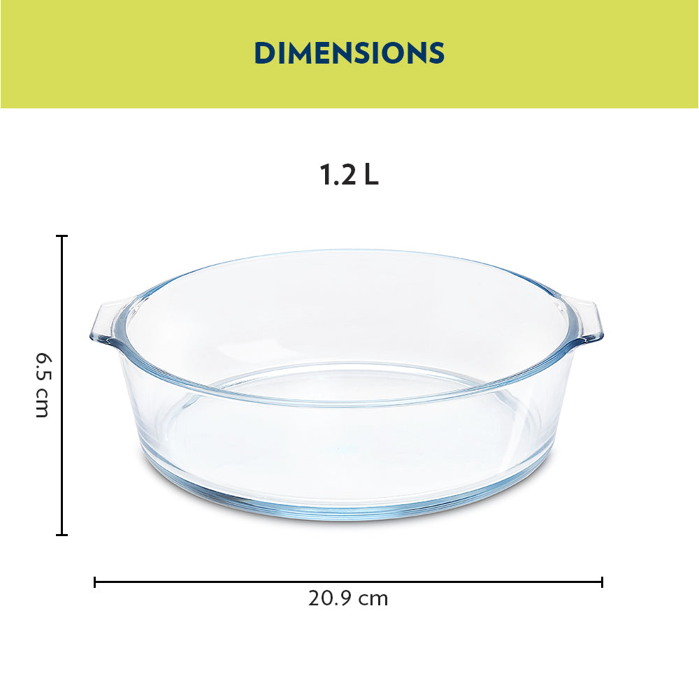 BOROSIL GLASS ROUND BAKING DISH WITH HANDLE  1.2 LITRE