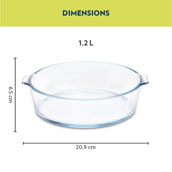 Borosil Glass Round Baking Dish with Handle 1.2 Litre dimensions