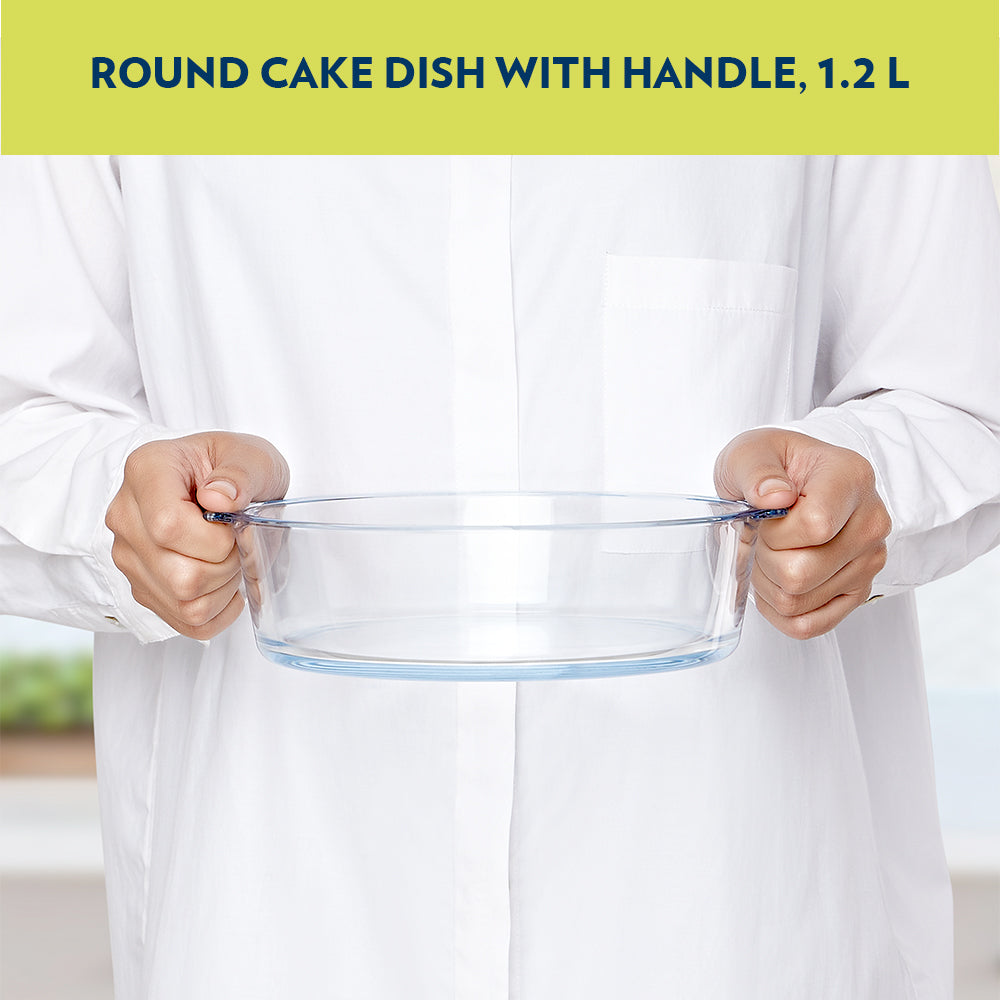 BOROSIL GLASS ROUND BAKING DISH WITH HANDLE  1.2 LITRE