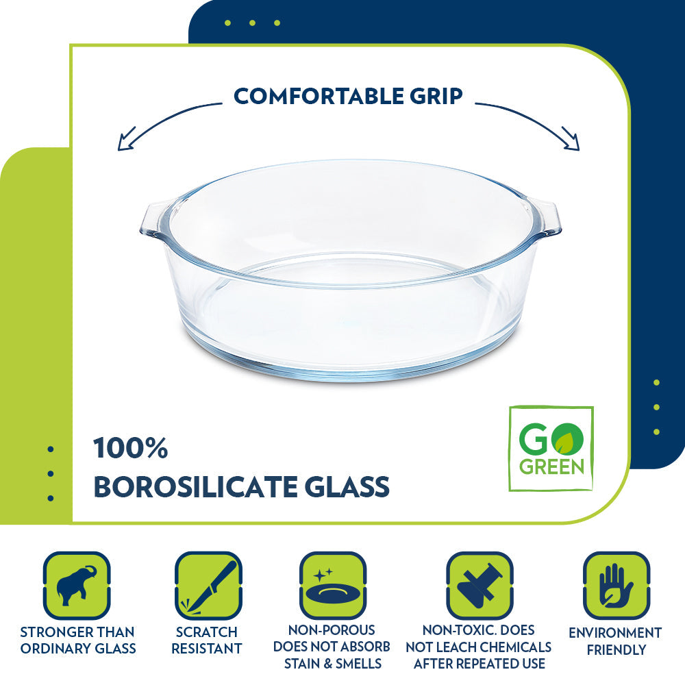 BOROSIL GLASS ROUND BAKING DISH WITH HANDLE  1.2 LITRE