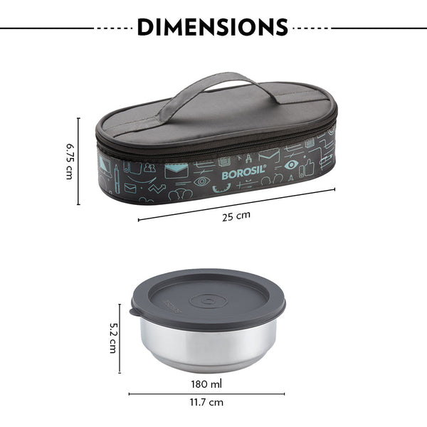 Borosil Stainlesss Steel Insulated Lunch Box 2*180ml dimensions